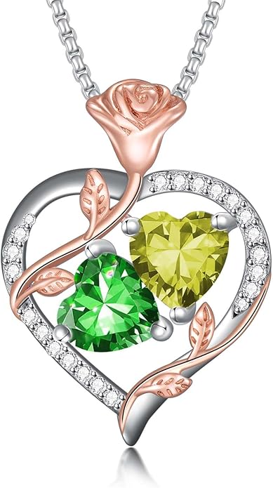 Jewelry for Her Double Heart Rose Birthstone Pendant Necklace Anniversary Jewelry Christmas Birthday Gifts for Women Wife Girlfriend