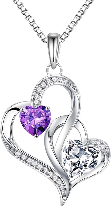Iefil Birthstone Necklace for Women - 925 Sterling Silver Double Birthstone Heart Necklace | Anniversary Birthday Gifts for Women | Personalized Gifts | Jewelry Gifts for Wife Mom Girlfriend