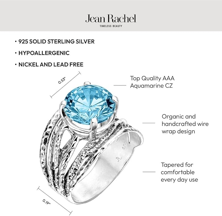 JEAN RACHEL JEWELRY 925 Sterling Silver Ring - Wrap Vintage Design with Prong Set Round Cubic Zirconia - Hypoallergenic, Lead & Nickel Free - Artisan Handcrafted Statement Rings for Women