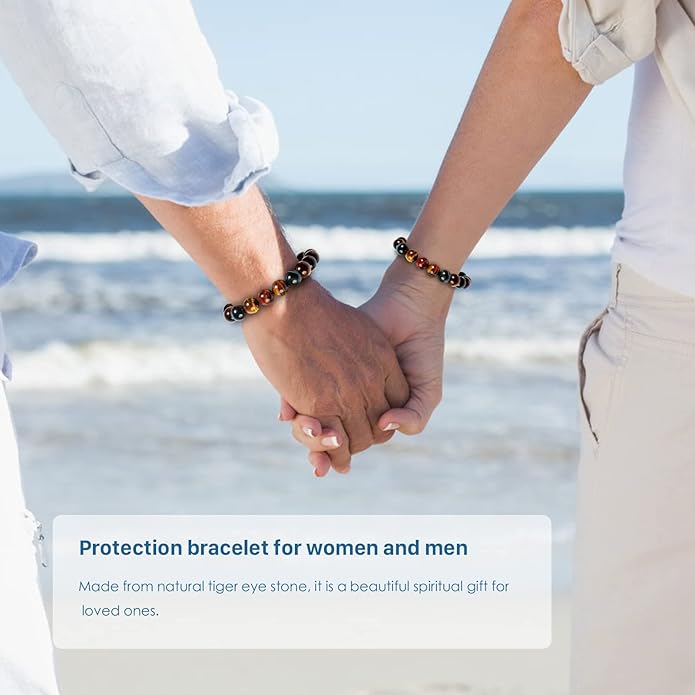 Tiger Eye Bracelet,Relax Anxiety Crystal Beaded Triple Protection Jewelry Bead Stone Chakra Gemstones Bracelets for women men