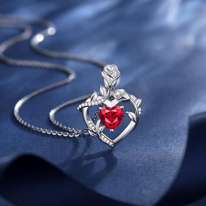 AGVANA Rose Birthstone Necklace for Women Sterling Silver Rose Flower Heart Necklace Fine Jewelry Anniversary Birthday Gifts for Women Wife Mom Her, Length: 18"+2"