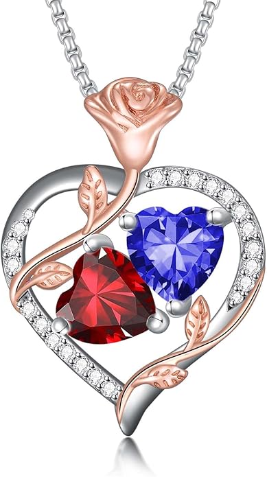 Jewelry for Her Double Heart Rose Birthstone Pendant Necklace Anniversary Jewelry Christmas Birthday Gifts for Women Wife Girlfriend