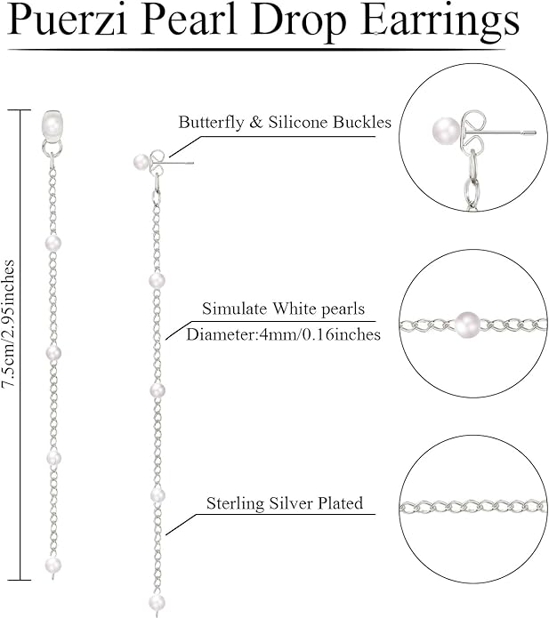 Pearl Earrings，4mm 5mm 6mm Gold/Silver Dangle Earrings for Women White Long Drop Pearl Dangling Earrings Bridal Wedding Dainty Prom Earrings Birthday Gifts Jewelry