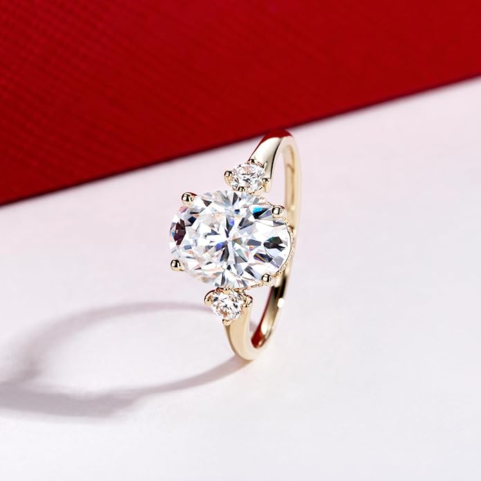 Solid 14K Gold 3.36ct Moissanite Three Stone Rings (3ct Center Stone), Round/Oval/Emerald Shape, Real Gold | D Color and Flawless Moissanite | Wedding Anniversary Ring