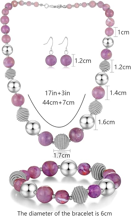 PEARL&CLUB Beaded Chunky Statement Necklace Earring and Bracelet Set Silver Metal Bead Fashion Jewelry Set Mothers’ Day Gifts for Women