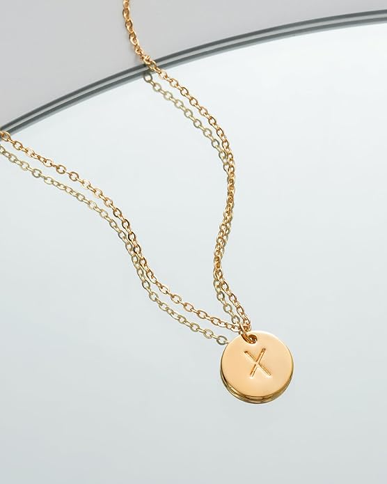 Bemoly Initial Necklace for Women Round 11MM Coin Disc Double Side Engraved Letter A-Z Hammered Pendant 14K Gold Plated Personalized Alphabet Birthday Jewelry 17.5"