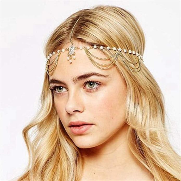 Boho Pearl Hair Chain Gold Tassel Headpiece Gypsy Festival Wedding Hair Accessories for Women