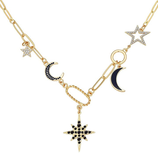 Charm Necklace for Women Gold Evil Eye Sun Moon Flower Coin Pendant Necklace Dainty Paperclip Chain Vintage Luck Amulet Choker Necklaces Celestial Jewelry Gift