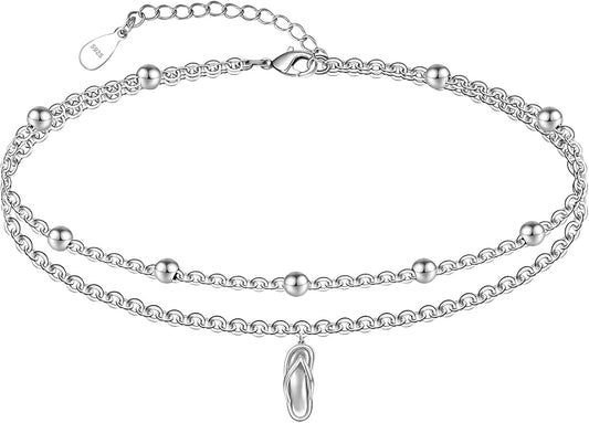 CHIC & ARTSY Womens Sterling Silver Created Opal Layered Anklet Bracelet Dainty Beaded Chain Adjustable 11" Best Friend Anklet