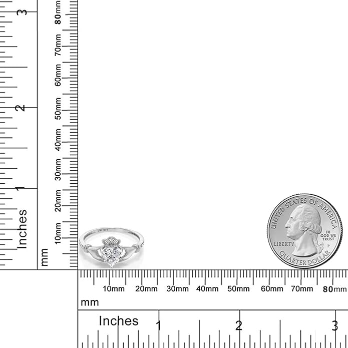 Gem Stone King 10K White Gold 6MM Heart Shape Gemstone Birthstone and White Diamond Irish Celtic Claddagh Engagement Ring | Gold Ring For Women | Available In Size 5, 6, 7, 8, 9