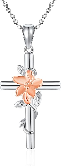 Flower Cross Necklace 925 Sterling Silver Carnation/Rose/Lily/Daisy Cross Necklace Birth Flower Jewelry for Women