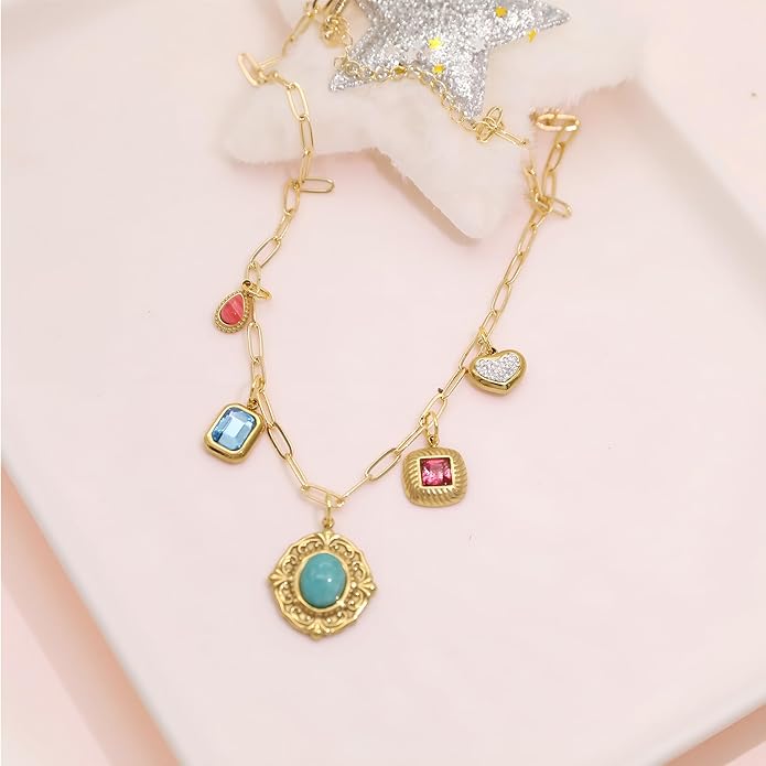 Chunky Retro Heart Necklace for Women Antique Layer Beach Ocean Moon Stars Western Boho Charm Necklaces Retro Link Chain Jewelry