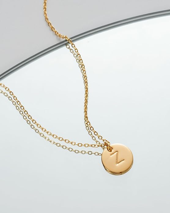 Bemoly Initial Necklace for Women Round 11MM Coin Disc Double Side Engraved Letter A-Z Hammered Pendant 14K Gold Plated Personalized Alphabet Birthday Jewelry 17.5"