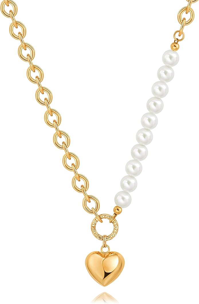 18k Gold Chain Link Necklace for Women, Baroque Pearl/Compass Pendant Necklace