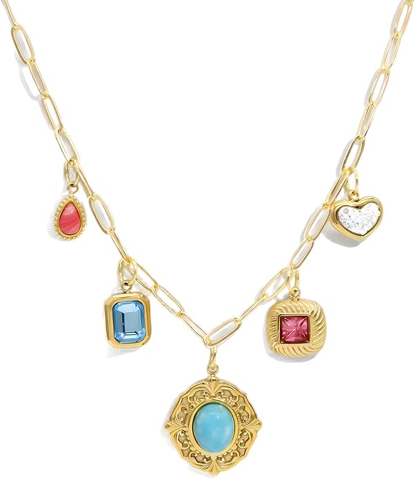 Chunky Retro Heart Necklace for Women Antique Layer Beach Ocean Moon Stars Western Boho Charm Necklaces Retro Link Chain Jewelry