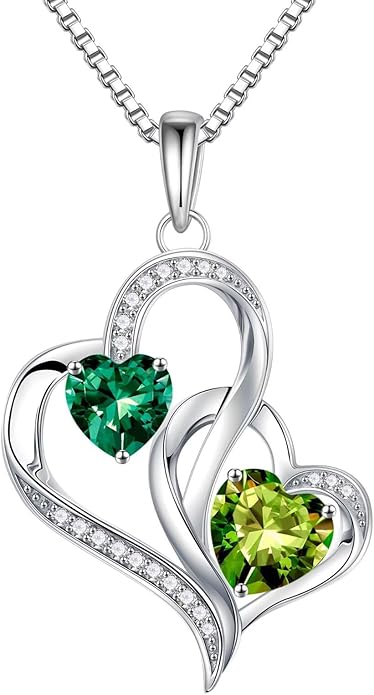 Iefil Birthstone Necklace for Women - 925 Sterling Silver Double Birthstone Heart Necklace | Anniversary Birthday Gifts for Women | Personalized Gifts | Jewelry Gifts for Wife Mom Girlfriend