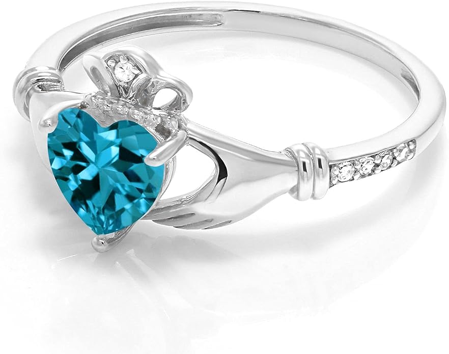 Gem Stone King 10K White Gold 6MM Heart Shape Gemstone Birthstone and White Diamond Irish Celtic Claddagh Engagement Ring | Gold Ring For Women | Available In Size 5, 6, 7, 8, 9