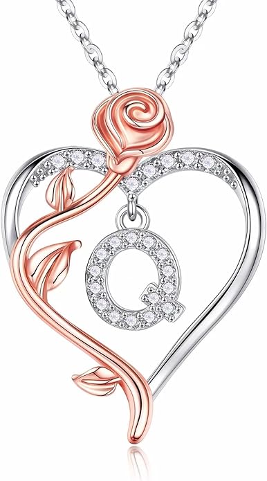 Iefil Rose Heart Necklaces Gifts for Women - 925 Sterling Silver Rose Heart Initial Necklace, Anniversary Birthday Gifts for Women, Jewelry Gift for Her Wife Girlfriend Mom Daughter