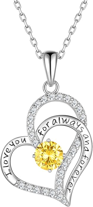 Heart Birthstone Silver Necklace for Women, S925 Sterling Silver Pendant Necklace Birthday Jewelry Gifts for Her Mother Mom Wife Girlfriend