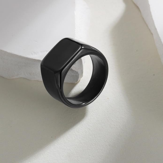 Mens Signet Rings Stainless Steel Pinky Ring for Men Women Silver/Black/Gold Square Cool Finger Ring, Gift for Dad Husband