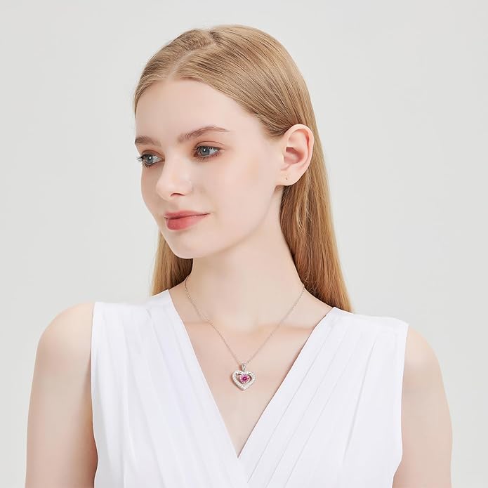 Full Moissanite Heart Necklace - No CZ! 2ct Vibrant Birthstone & 30 White Gems | 12 Month Gifts for Wife, Mom, Her | Anniversary, Valentine's Day, Mother's Day Jewelry