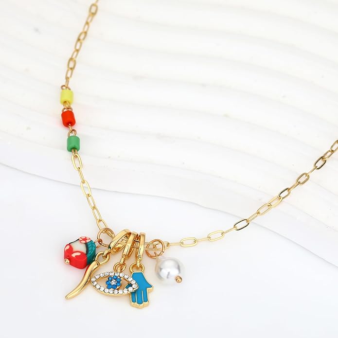 Charm Necklace for Women Gold Evil Eye Sun Moon Flower Coin Pendant Necklace Dainty Paperclip Chain Vintage Luck Amulet Choker Necklaces Celestial Jewelry Gift