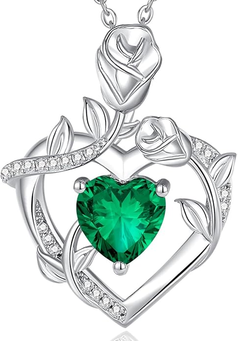 AGVANA Rose Birthstone Necklace for Women Sterling Silver Rose Flower Heart Necklace Fine Jewelry Anniversary Birthday Gifts for Women Wife Mom Her, Length: 18"+2"