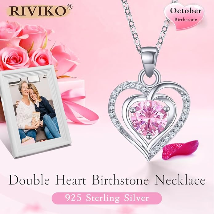 RIVIKO Heart Birthstone Pendant Necklace for Women 925 Sterling Silver Zirconia Necklaces Wedding Anniversary Birthday Mothers Day Jewelry Gifts For Her Mother Wife