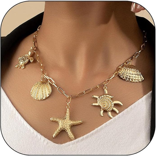 Choistily Charm Necklace Dainty Gold Western Outfit Beach Jewelry for Women Trendy Cowgirl Accessories for Women Gold Bow Sea Shell Pendant Necklace Preppy Stuff Summer Jewelry 2025
