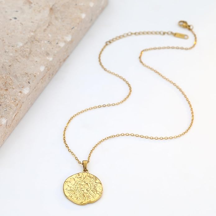 Charm Necklace for Women Gold Evil Eye Sun Moon Flower Coin Pendant Necklace Dainty Paperclip Chain Vintage Luck Amulet Choker Necklaces Celestial Jewelry Gift