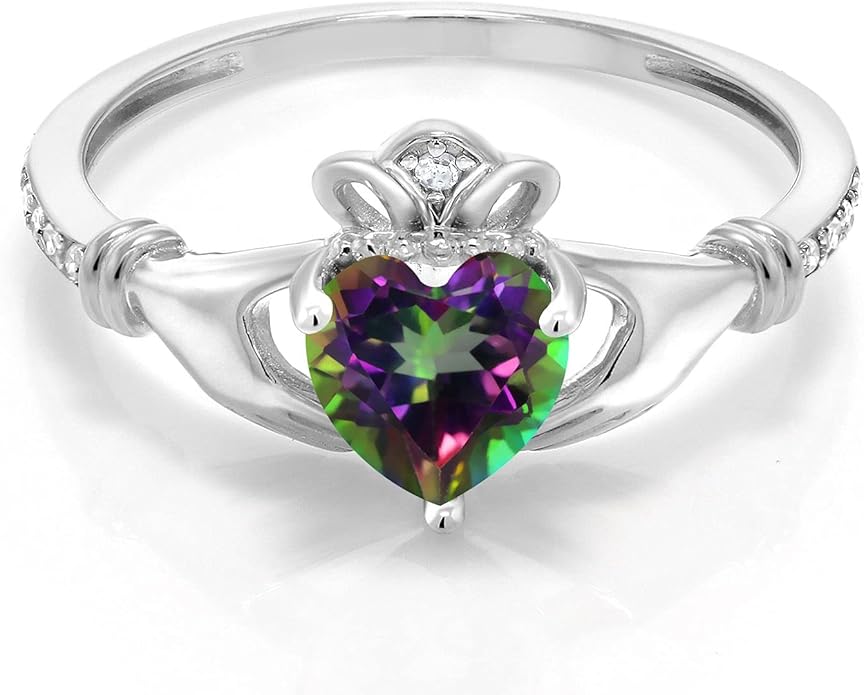 Gem Stone King 10K White Gold 6MM Heart Shape Gemstone Birthstone and White Diamond Irish Celtic Claddagh Engagement Ring | Gold Ring For Women | Available In Size 5, 6, 7, 8, 9