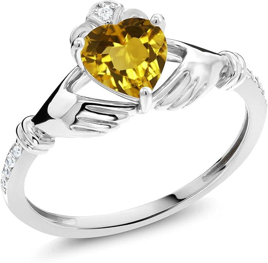 Gem Stone King 10K White Gold 6MM Heart Shape Gemstone Birthstone and White Diamond Irish Celtic Claddagh Engagement Ring | Gold Ring For Women | Available In Size 5, 6, 7, 8, 9