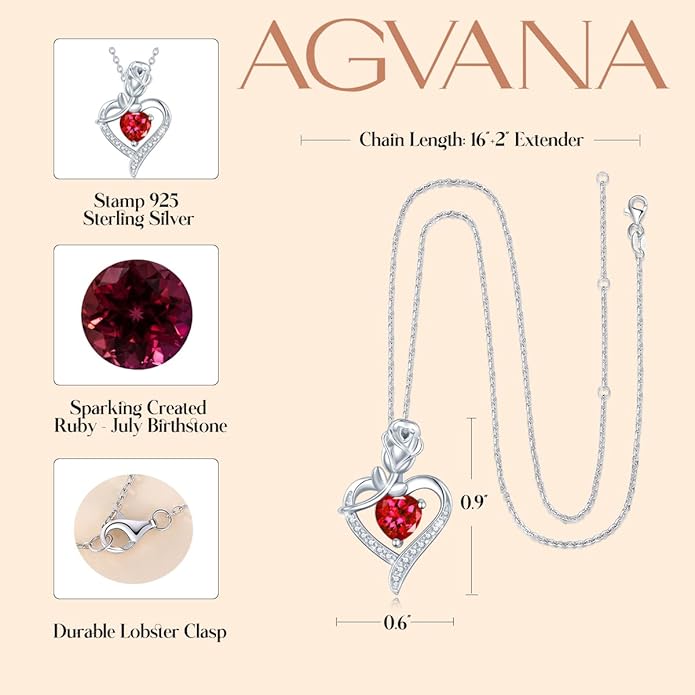 AGVANA Rosy Reverie Birthstone Necklace for Women Sterling Silver Genuine or Created Gemstone Rose Flower Heart Pendant Necklace Anniversary Birthday Gifts for Women Mom Wife Her