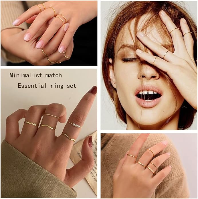 WFYOU 10 Pcs 1-2mm 18K Gold Plated Simple Rings for Women Band Knuckle Stacking Midi Rings Elegant Classic Minimalist Rings Comfort Fit