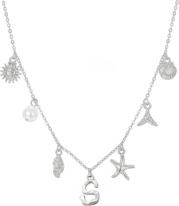 Initial Charm Necklace For Women Shell Letter Necklaces Gold Charms Pendant Boho Summer Seashell Beach 14k Starfish Surfer Jewelry Gifts
