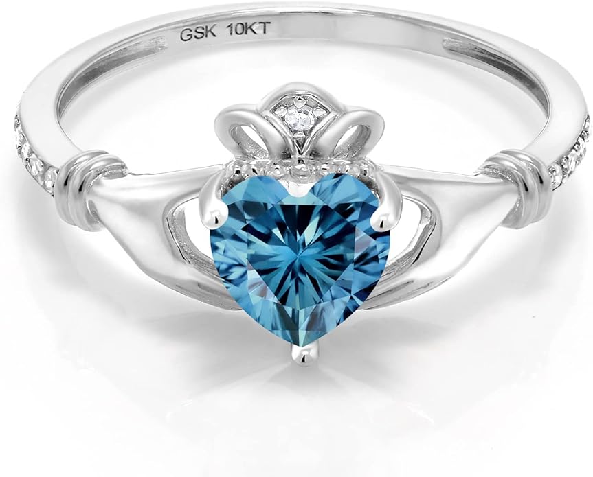 Gem Stone King 10K White Gold 6MM Heart Shape Gemstone Birthstone and White Diamond Irish Celtic Claddagh Engagement Ring | Gold Ring For Women | Available In Size 5, 6, 7, 8, 9