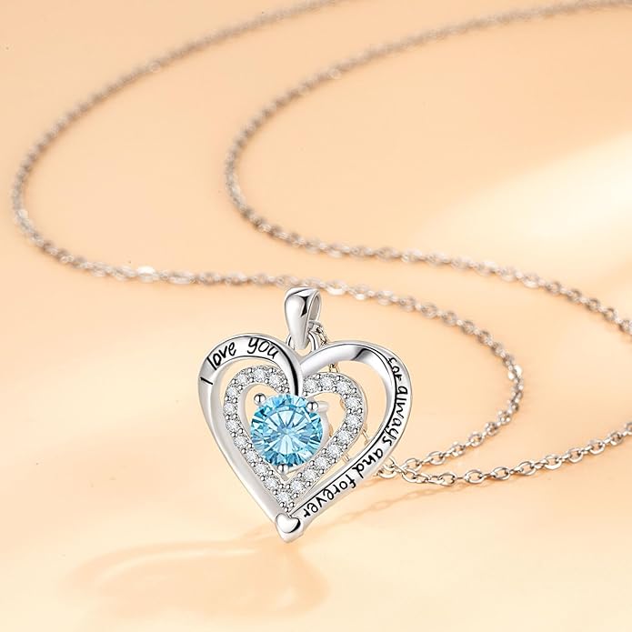 Heart Necklace, I Love You Always & Forever, Birthstone Cubic Zirconia Pendant, Gift for Women