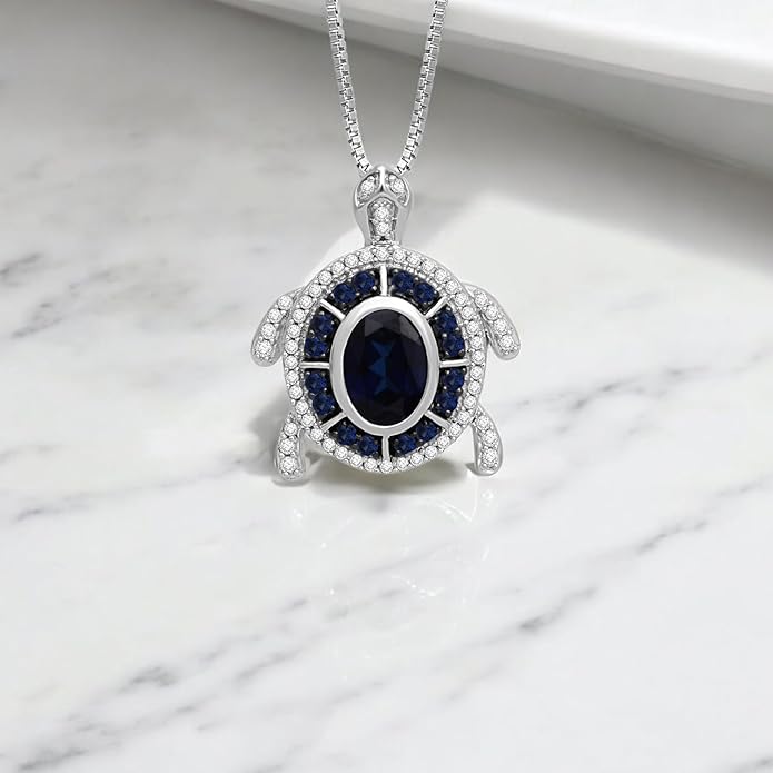 Jewelili Sterling Silver Turtle Birthstone Pendant Necklace | 7X5 MM Oval & 1.25 MM Round Cut Birthstone with Round Created White Sapphire Gemstones | 18" Box Chain | Luxury Jewelry Gift for Her | Gift Box Included