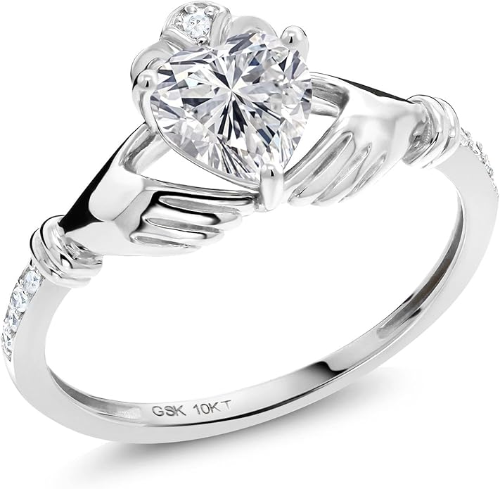 Gem Stone King 10K White Gold 6MM Heart Shape Gemstone Birthstone and White Diamond Irish Celtic Claddagh Engagement Ring | Gold Ring For Women | Available In Size 5, 6, 7, 8, 9