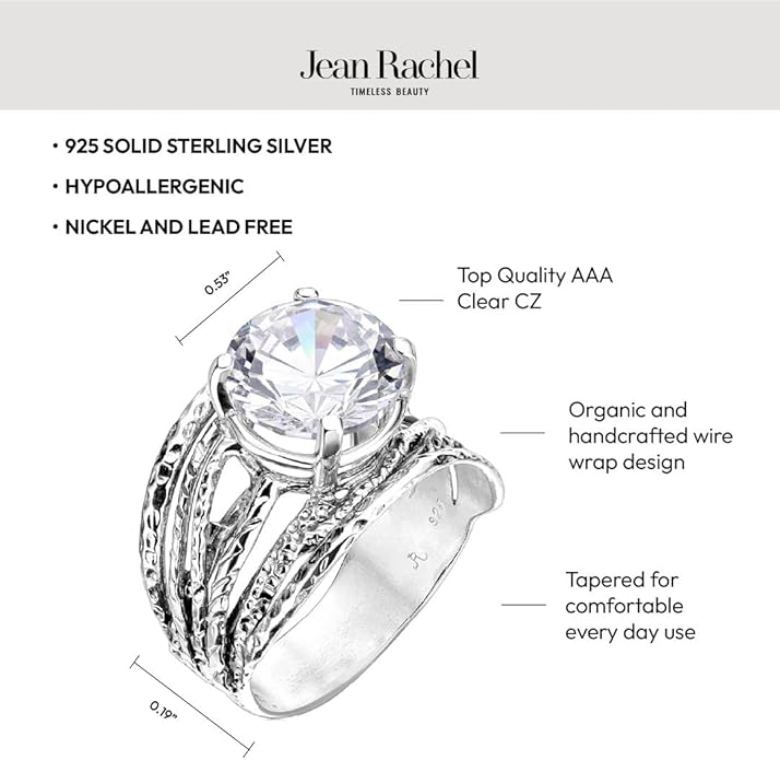 JEAN RACHEL JEWELRY 925 Sterling Silver Ring - Wrap Vintage Design with Prong Set Round Cubic Zirconia - Hypoallergenic, Lead & Nickel Free - Artisan Handcrafted Statement Rings for Women