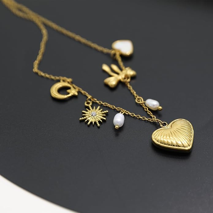 Chunky Retro Heart Necklace for Women Antique Layer Beach Ocean Moon Stars Western Boho Charm Necklaces Retro Link Chain Jewelry