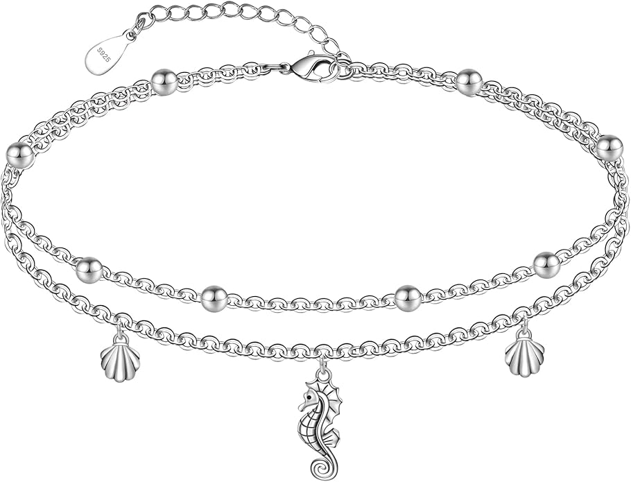 CHIC & ARTSY Womens Sterling Silver Created Opal Layered Anklet Bracelet Dainty Beaded Chain Adjustable 11" Best Friend Anklet