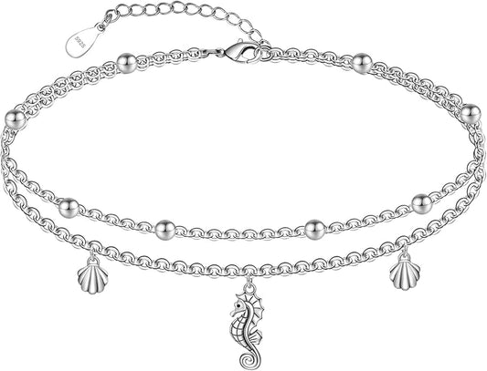 CHIC & ARTSY Womens Sterling Silver Created Opal Layered Anklet Bracelet Dainty Beaded Chain Adjustable 11" Best Friend Anklet