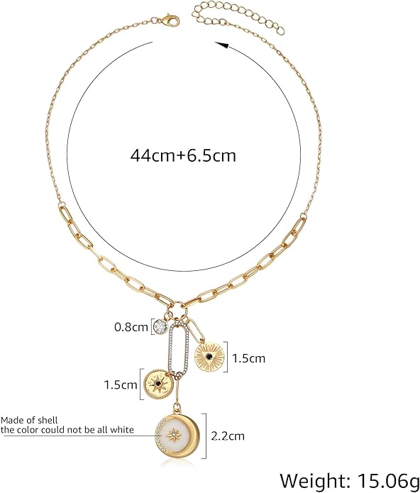 Charm Necklace for Women Gold Evil Eye Sun Moon Flower Coin Pendant Necklace Dainty Paperclip Chain Vintage Luck Amulet Choker Necklaces Celestial Jewelry Gift