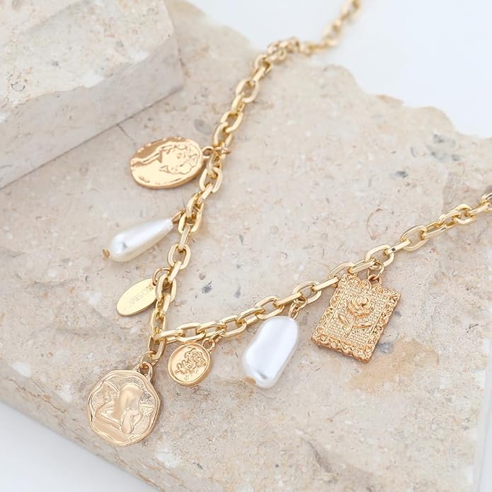 Charm Necklace for Women Gold Evil Eye Sun Moon Flower Coin Pendant Necklace Dainty Paperclip Chain Vintage Luck Amulet Choker Necklaces Celestial Jewelry Gift