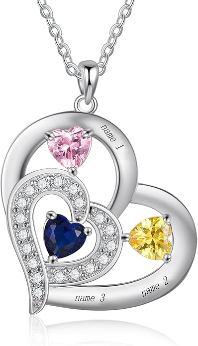 10K 14K 18K Gold Natural Diamond Personalized Mother Name Necklace with 1-6 Birthstones Sterling Silver Custom Heart Name Necklace for Women Mom Grandmother Wife Friend Gifts for Mother's Day