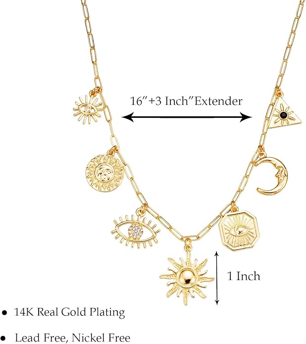 Charm Necklace for Women, 14K Gold Plated Shell Sun Starfish Summer Beach Necklace 16+3" Paperclip Chain Jewelry Gifts