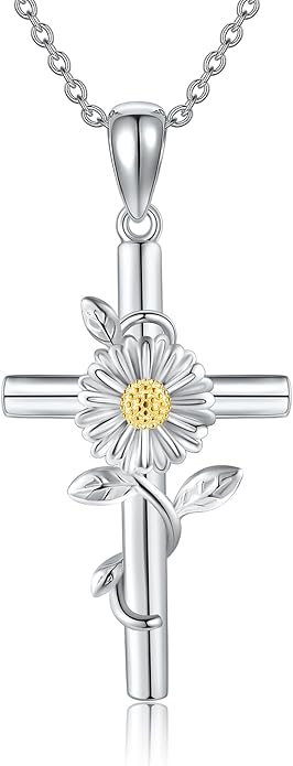 Flower Cross Necklace 925 Sterling Silver Carnation/Rose/Lily/Daisy Cross Necklace Birth Flower Jewelry for Women