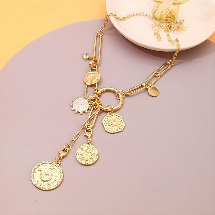 Chunky Retro Heart Necklace for Women Antique Layer Beach Ocean Moon Stars Western Boho Charm Necklaces Retro Link Chain Jewelry