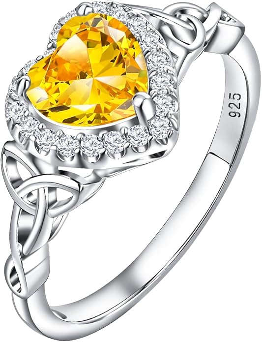 DAYBYDAY Celtic Birthstone Rings for Women 925 Sterling Silver Heart/Round/Pear/Oval Created Gemstone Moissanite Halo Engagement Promise Rings for Her Wife Birthday Anniversary Wedding Jewelry